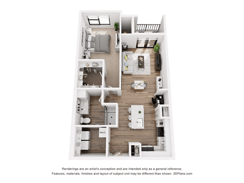 A 3D floor plan of a small apartment with one bed and one bath at the evolve at lake norman aparments in mooresville, nc.